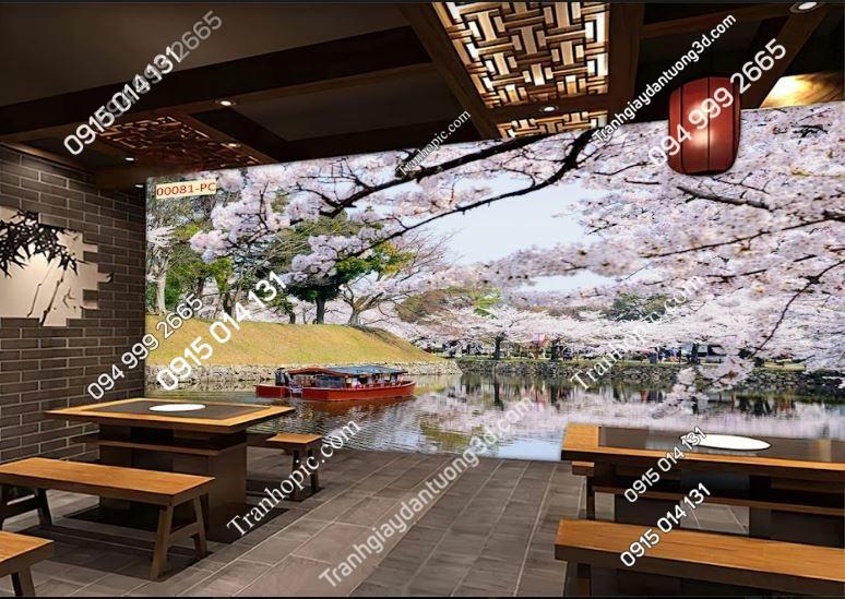 Tranh 3D dán tường hoa anh đào Nhật Bản