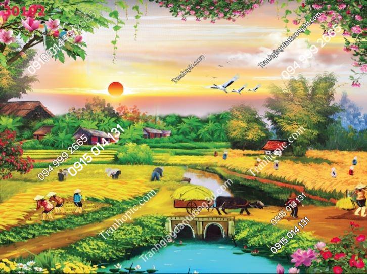 Tranh dán tường 3D đồng quê Việt Nam dán phòng khách 30192
