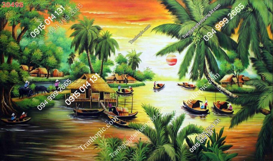 Tranh dán tường 3D đồng quê Việt Nam dán phòng khách 30498