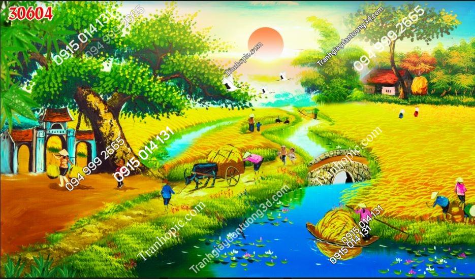 Tranh dán tường 3D đồng quê Việt Nam dán phòng khách 30604