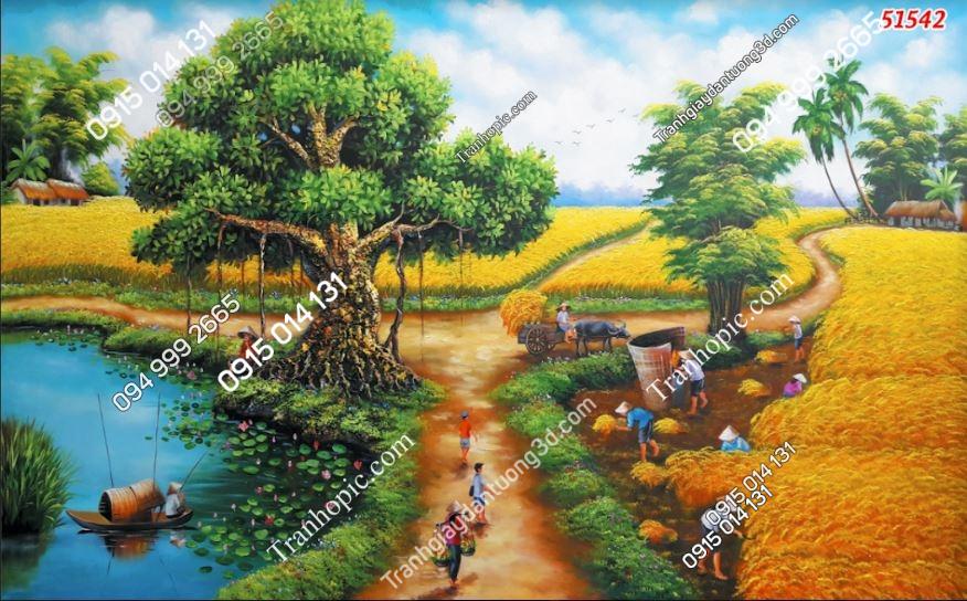 Tranh dán tường 3D đồng quê Việt Nam dán phòng khách 51542