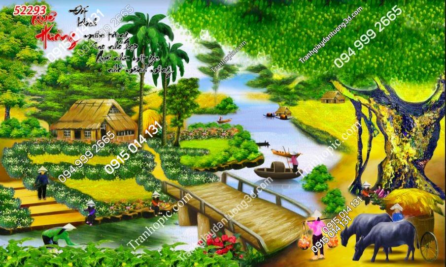 Tranh dán tường 3D đồng quê Việt Nam dán phòng khách 52293