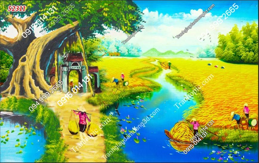 Tranh dán tường 3D đồng quê Việt Nam dán phòng khách 52311