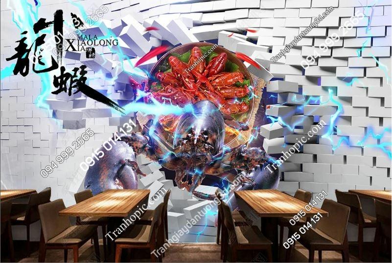 Tranh dán tường 3D hình tôm hùm nền gạch 17099036