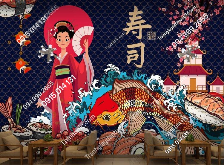 Tranh dán tường 3D phong cách hải sản Nhật Bản 18608453