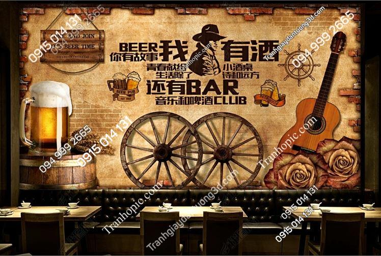Tranh dán tường 3D quán bia nền gạch retro 17724396