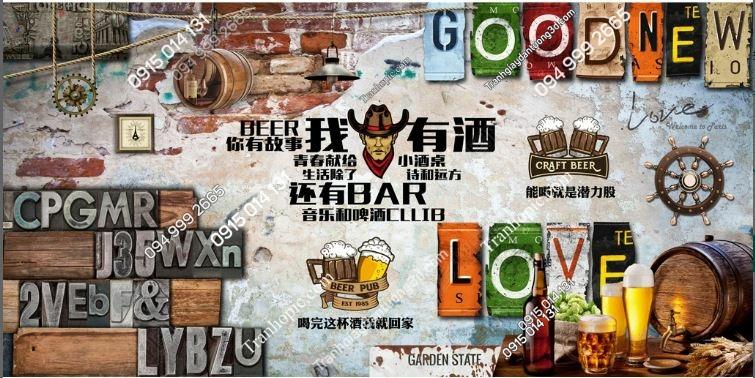 Tranh dán tường 3D quán bia rượu phong cách vintage18610859