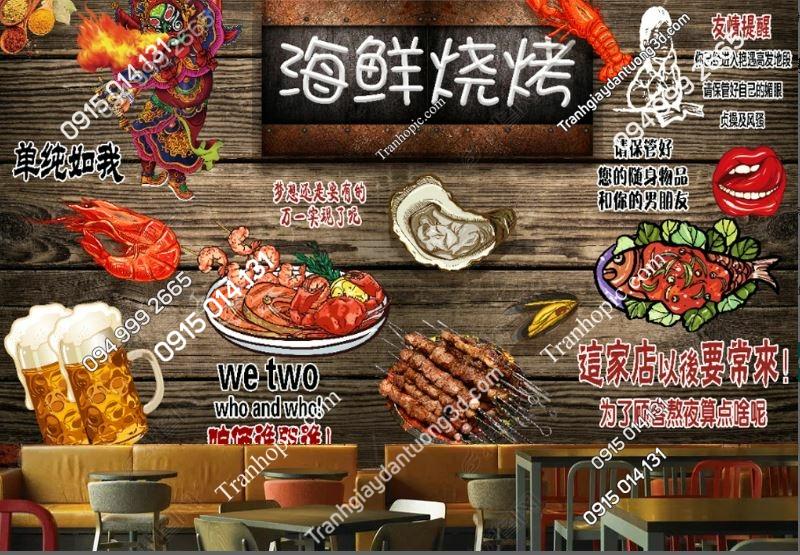 Tranh dán tường 3D quán nhậu nướng phong cách vẽ 19203057