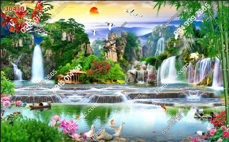 Tranh dán tường 5D sơn thủy hữu tình phòng khách 30410