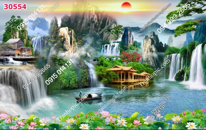 Tranh dán tường 5D sơn thủy hữu tình phòng khách 30554