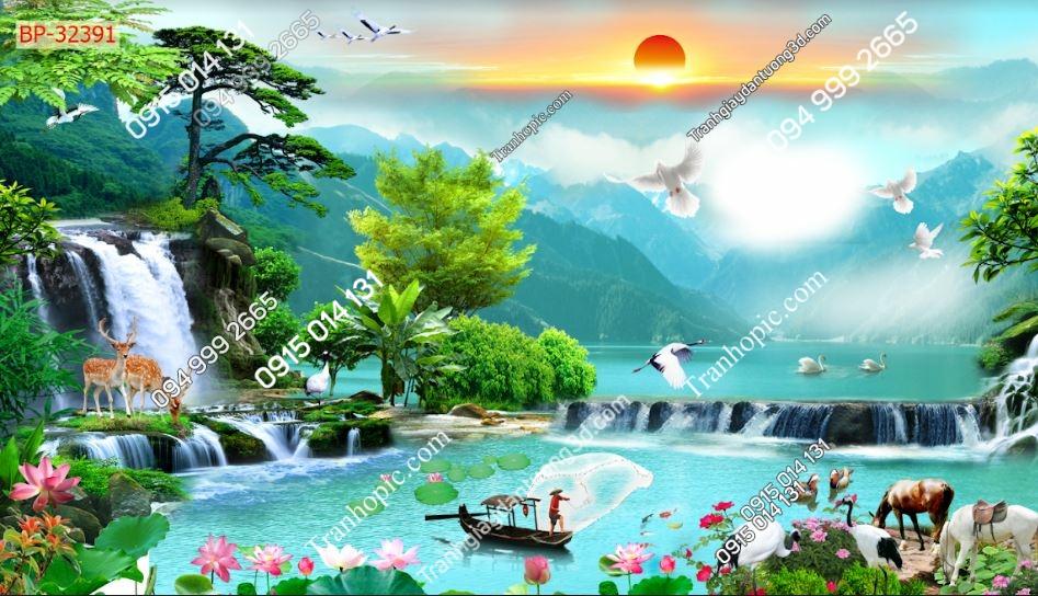 Tranh dán tường 5D sơn thủy hữu tình phòng khách 32391