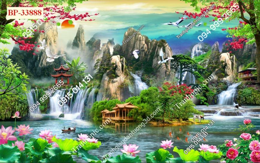 Tranh dán tường 5D sơn thủy hữu tình phòng khách 33888