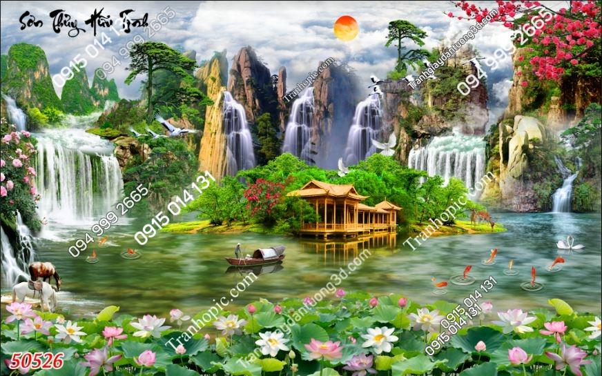 Tranh dán tường 5D sơn thủy hữu tình phòng khách 50526