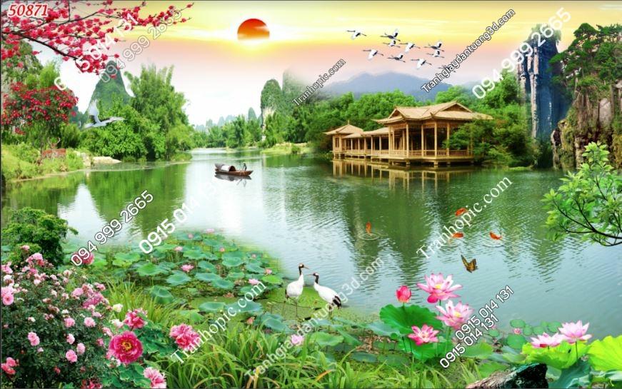 Tranh dán tường 5D sơn thủy hữu tình phòng khách 50871