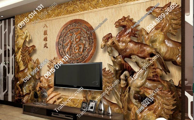 Tranh dán tường 8D mã đáo thành công điêu khắc gỗ 12883835