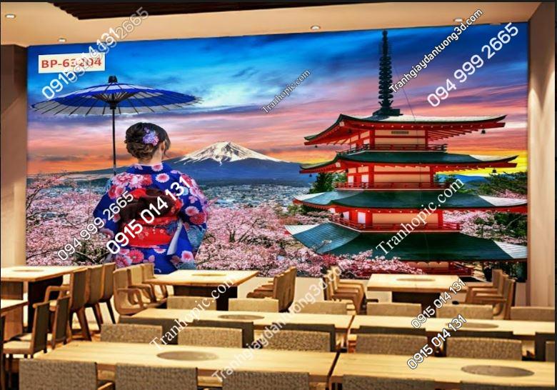 Tranh dán tường cô gái Nhật Bản và núi Phú Sĩ