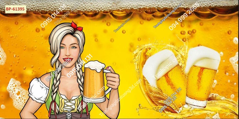 Tranh dán tường cô gái mời bia nền vàng đẹp