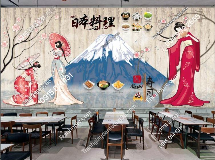 Tranh dán tường cô gái và núi Phú Sĩ dán nhà hàng Nhật Bản 18695270