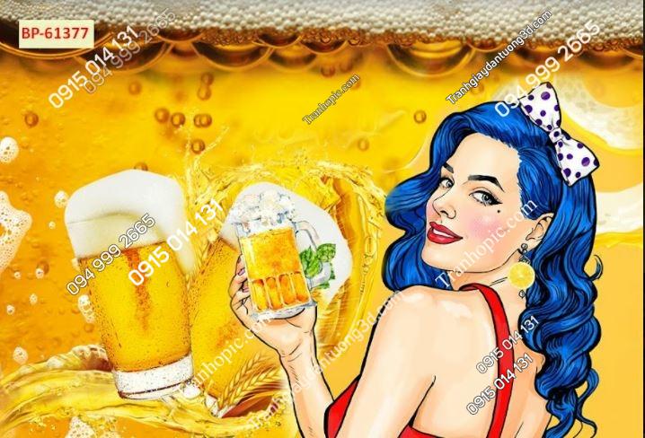 Tranh dán tường quán bia hình cô gái
