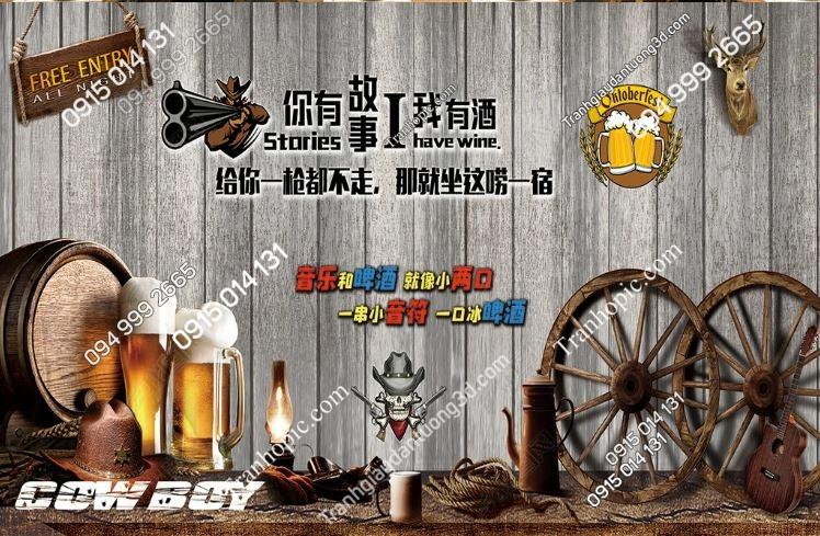 Tranh dán tường quán bia rượu nền giả gỗ 18319198