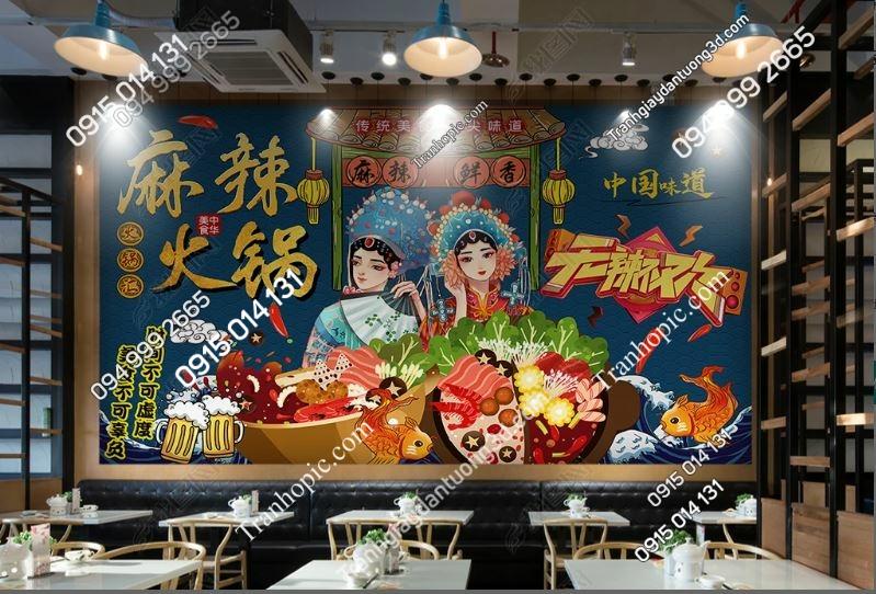 Tranh dán tường quán lẩu nướng hải sản hình hai cô gái 25160009