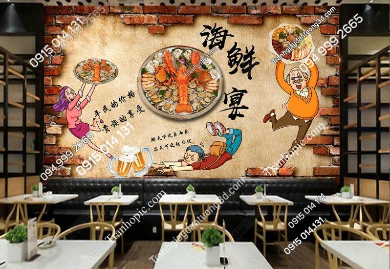 Tranh dán tường quán nướng hải sản viền giả gạch 17806135