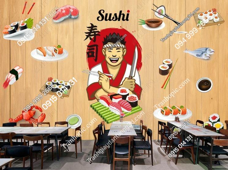 Tranh dán tường quán shushi Nhật Bản trên nền gỗ 17165408
