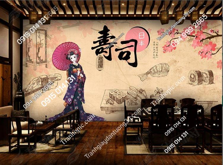 Tranh dán tường quán sushi hình cô gái Nhật Bản18680109