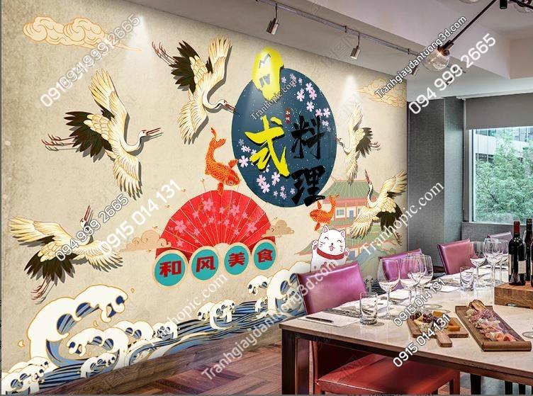 Tranh dán tường sóng biển và hạc cho nhà hàng Nhật Bản 23818475