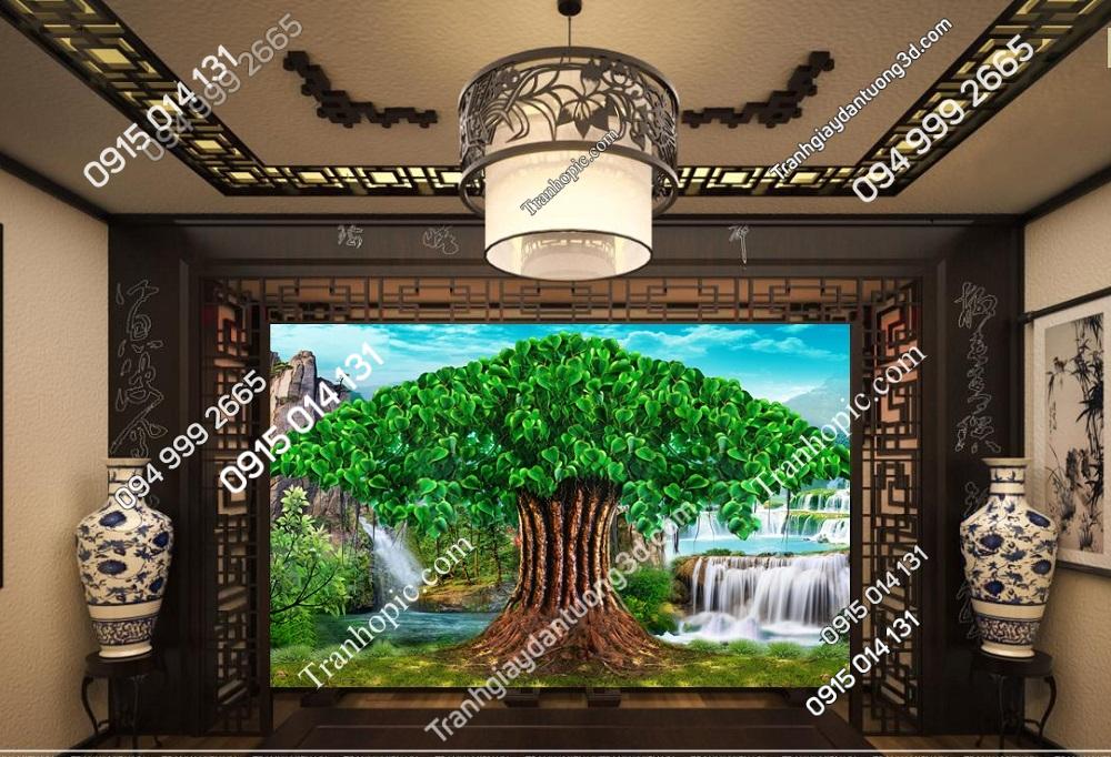 Tranh cây bồ đề chân thác nước dán tường phòng thờ TPT037