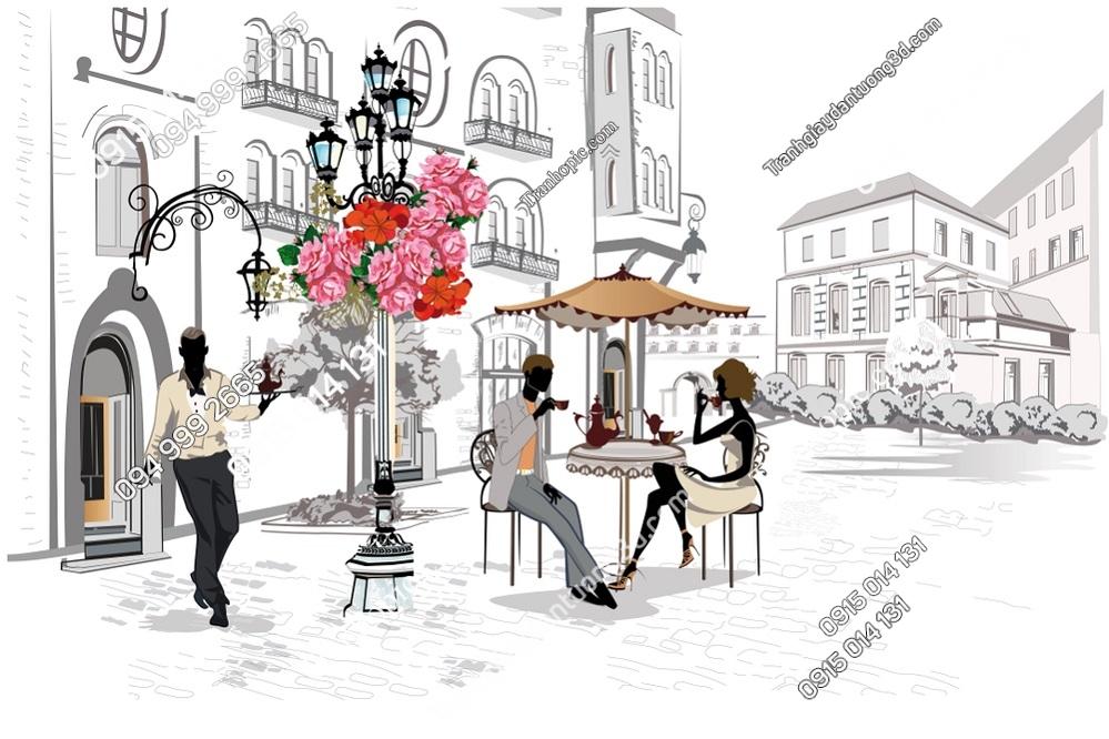 Tranh dán tường cảnh cafe đường phố trên thành phố cổ 1005921429