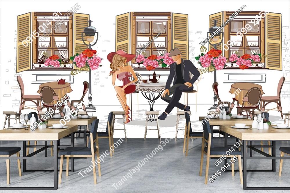 Tranh dán tường cảnh cafe đường phố trên thành phố cổ 1097045944