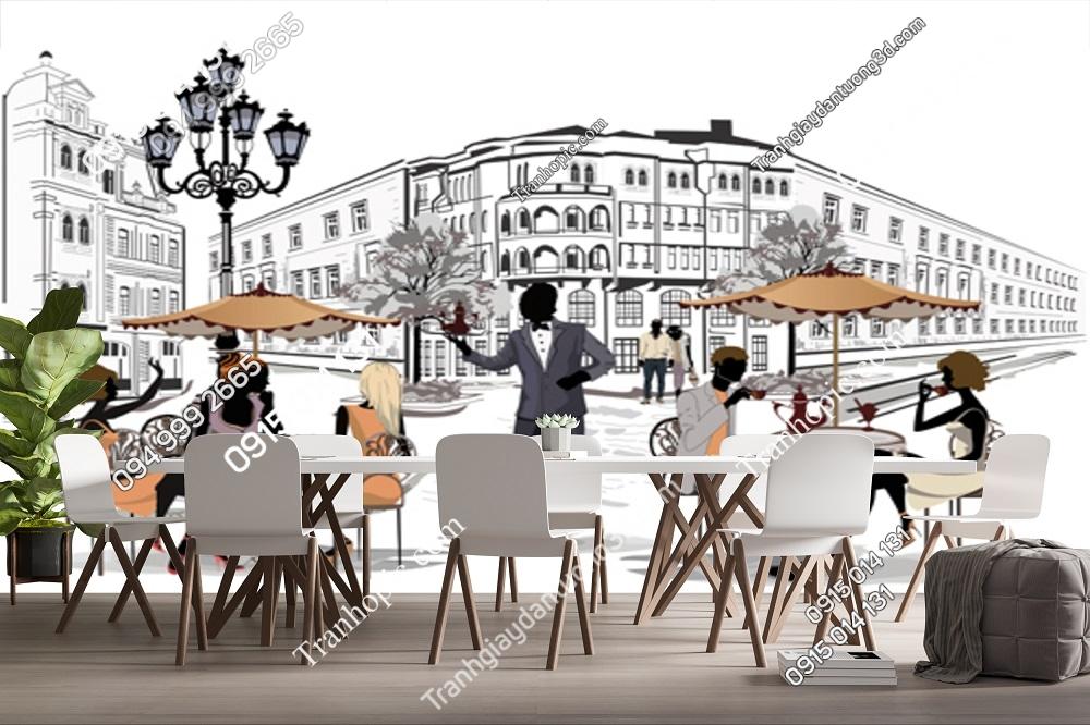 Tranh dán tường cảnh cafe đường phố trên thành phố cổ 377873055
