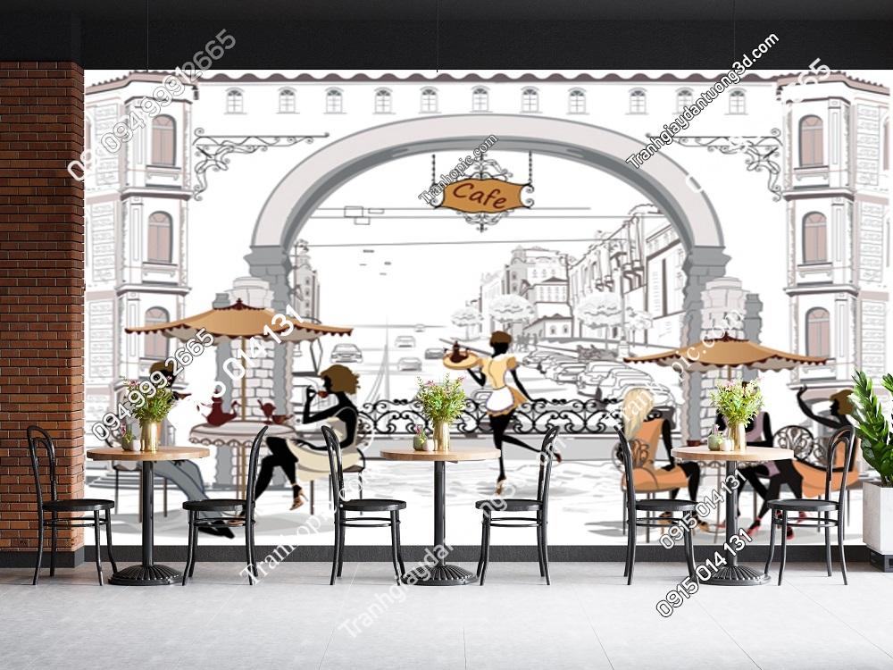 Tranh dán tường cảnh cafe đường phố trên thành phố cổ 383625057