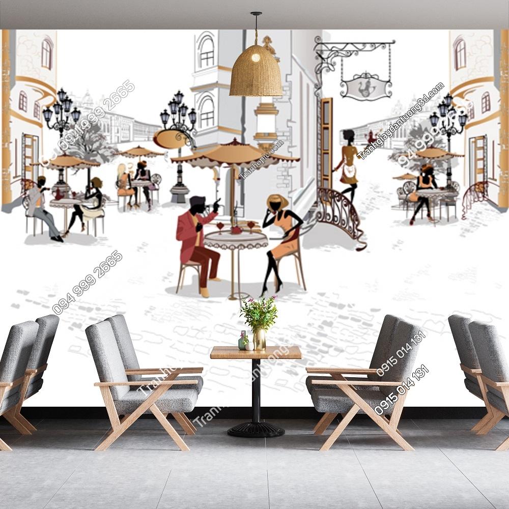 Tranh dán tường cảnh cafe đường phố trên thành phố cổ 396355653