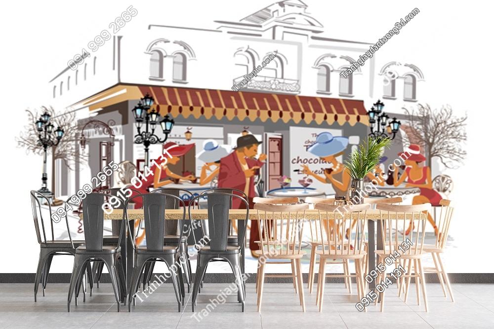 Tranh dán tường cảnh cafe đường phố trên thành phố cổ 396355654
