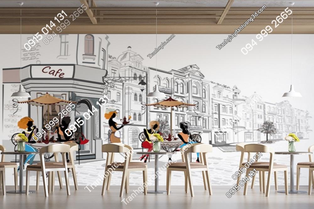 Tranh dán tường cảnh cafe đường phố trên thành phố cổ 444843828