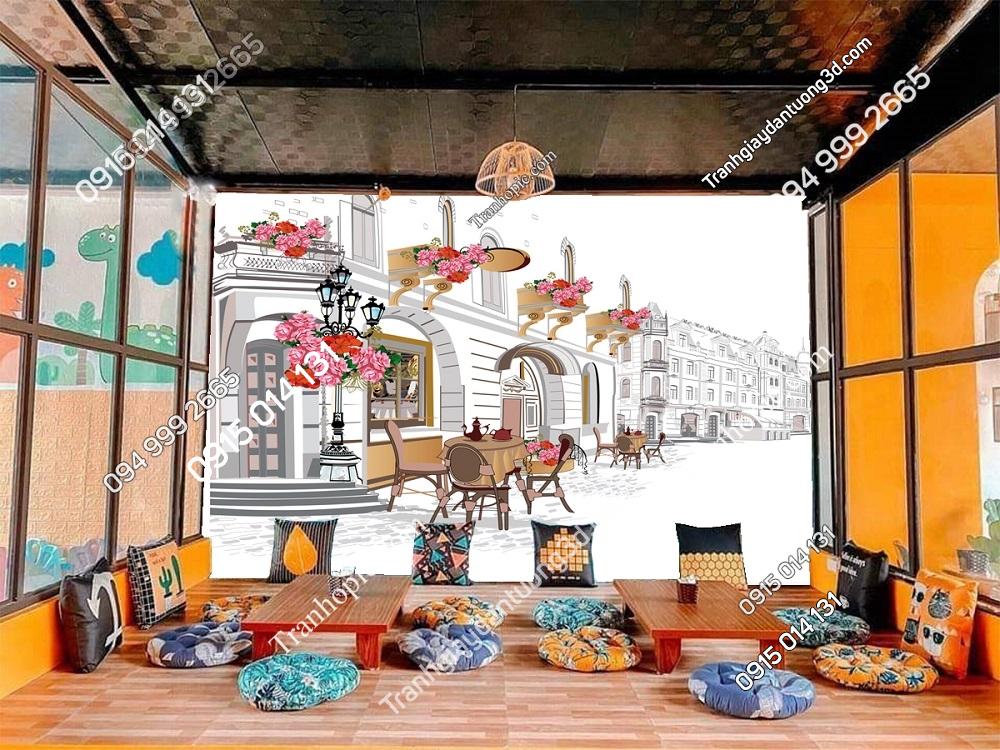 Tranh dán tường cảnh cafe đường phố trên thành phố cổ 647236521