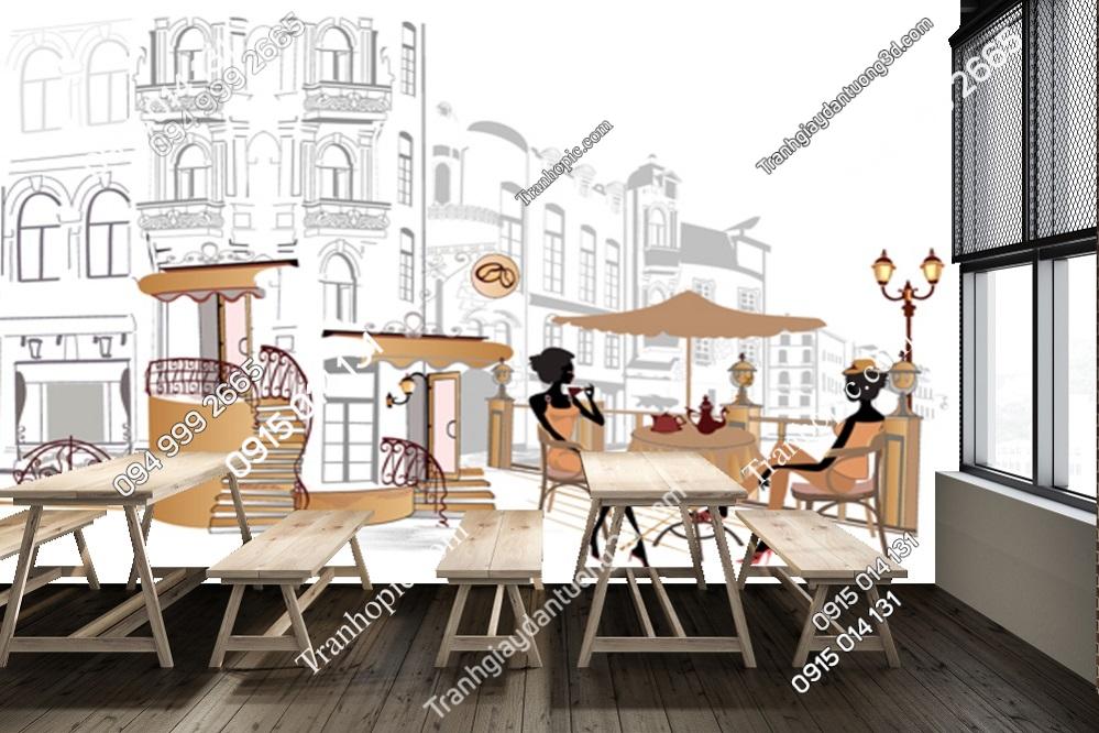 Tranh dán tường cảnh cafe đường phố trên thành phố cổ 97972136