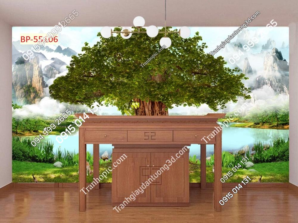 Tranh dán tường cây bồ đề dán phòng thờ 55106