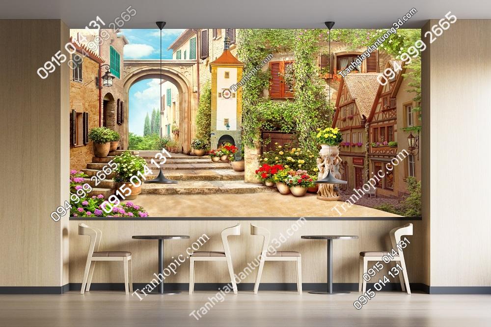 Tranh dán tường cổng vòm dán quán cafe chiều sâu 58742