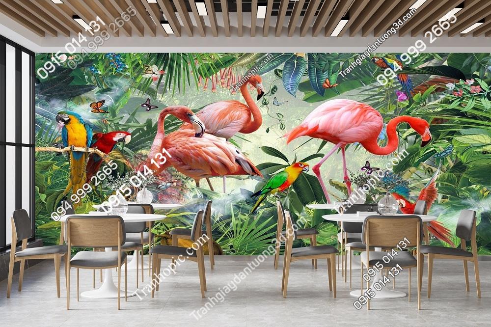 Tranh dán tường hồng hạc rừng nhiệt đới dán quán cafe đẹp 52483