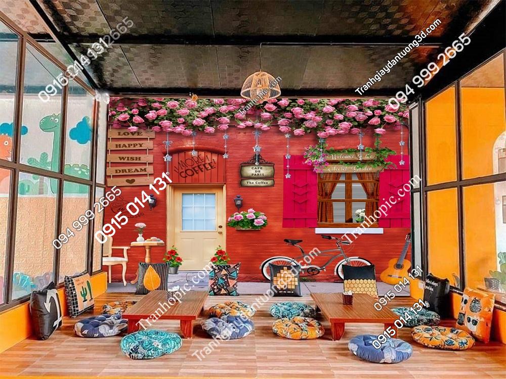 Tranh dán tường nền đỏ tường hoa dán quán cafe bệt đẹp 35428