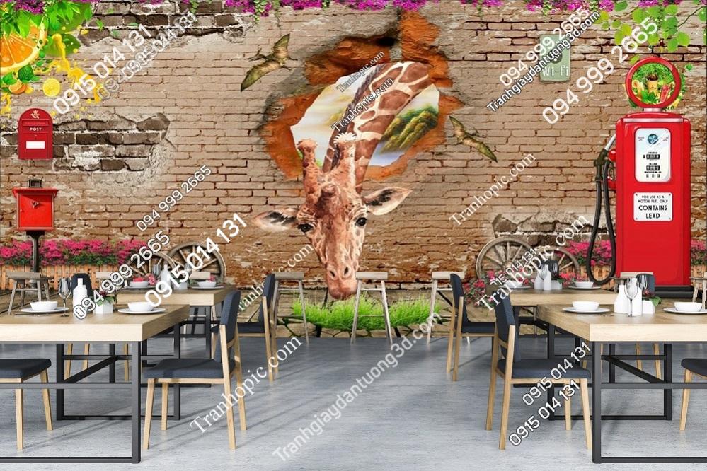 Tranh dán tường quán cafe hươu cao cổ nền gạch đẹp