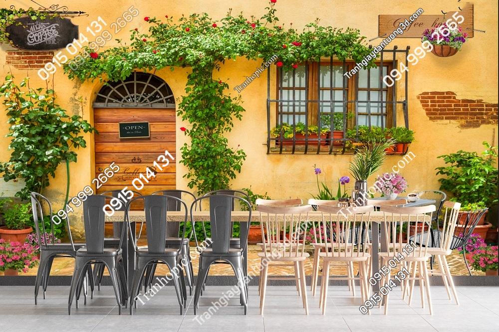 Tranh dán tường quán cafe nền tường vàng hoa leo 54823