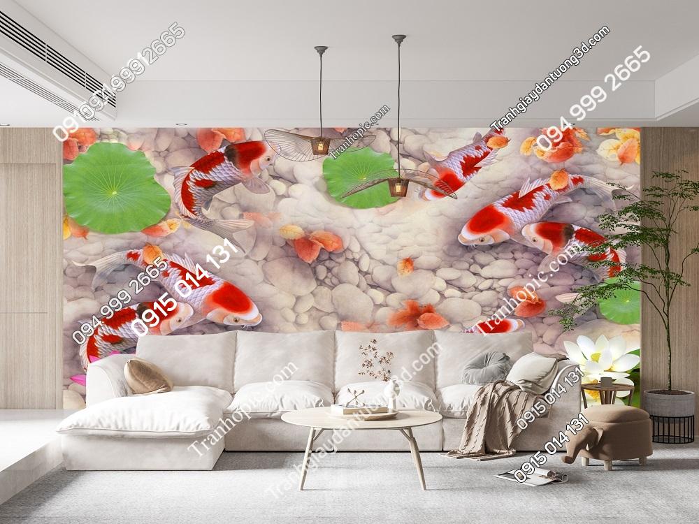 Tranh cá chép koi hồng dán tường sofa 34676