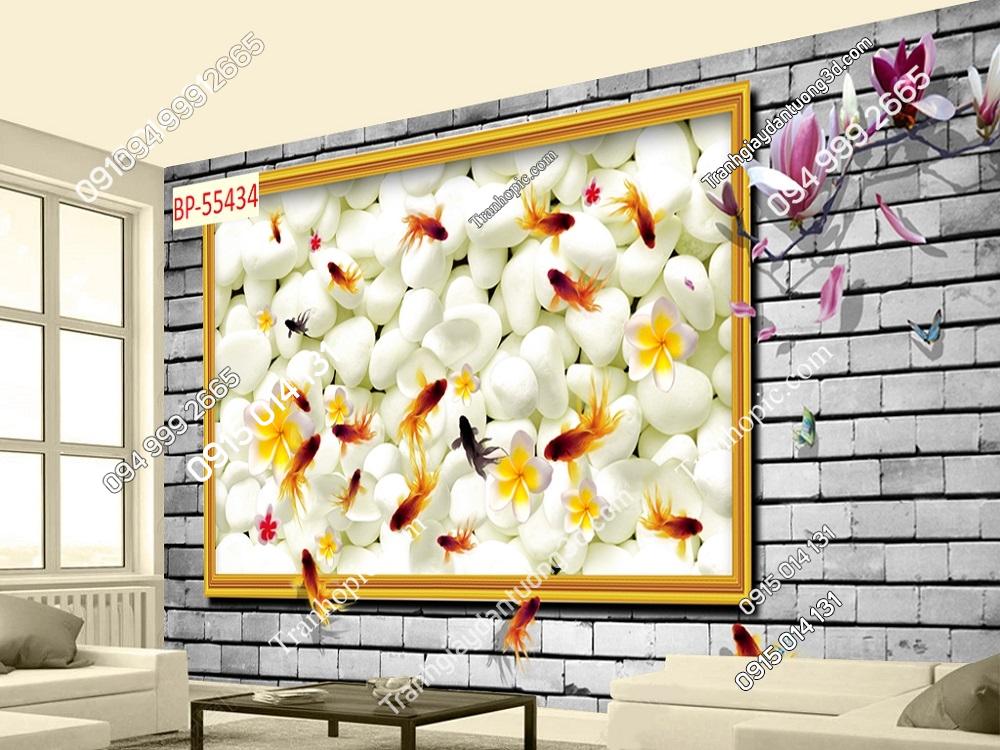 Tranh cá chép vàng 3D nền tường đá 55434