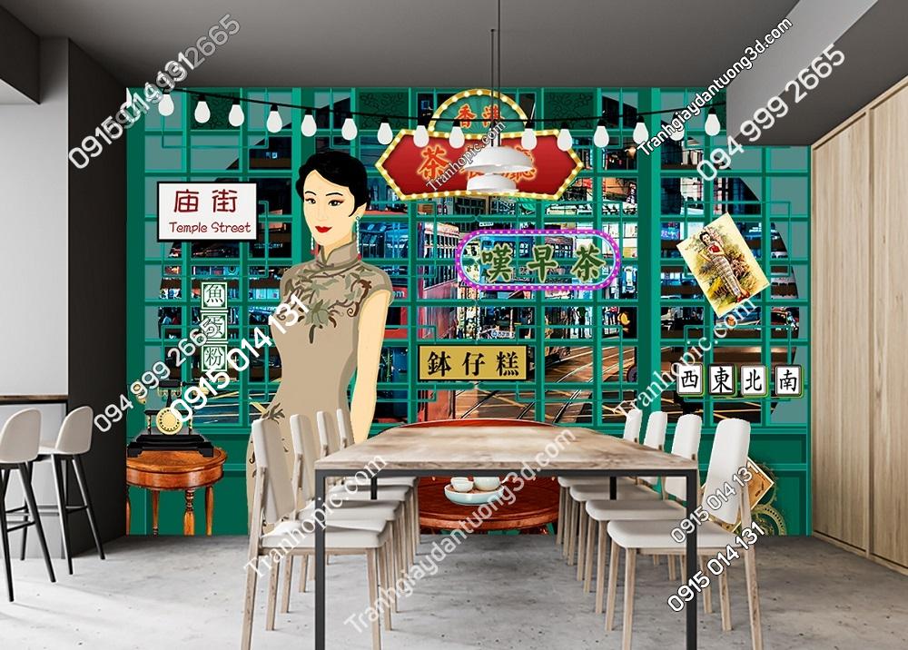 Tranh cô gái mặc sườn xám cạnh tường gỗ dán quán cafe 30220420152651089104