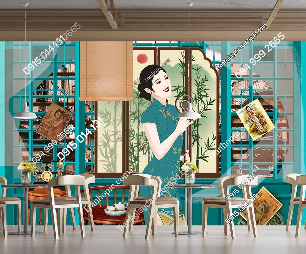 Tranh cô gái trung hoa cửa gỗ dán quán cafe 30220407224752859106