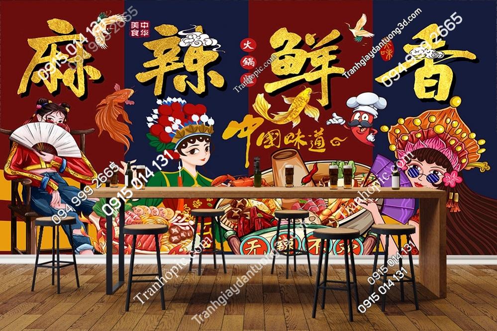 Tranh dán lẩu nướng với hình ảnh cô gái trung hoa 30211103095541110103